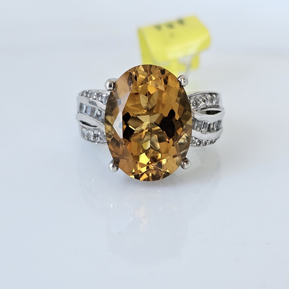 Natural Citrine & Zircon Ring Sterling Silver Platinum Overlay Size 7